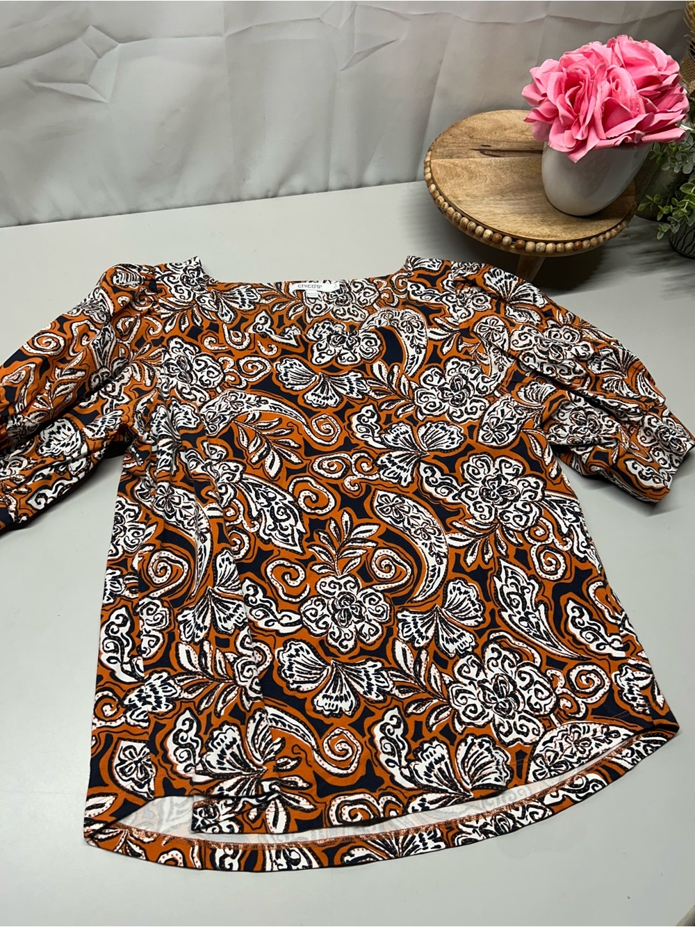 Chico's Orange Black & White Paisley Floral Blouse
